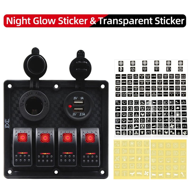 FXC Waterproof Marine Boat Rocker Switch Panel 4 Gang with Dual USB Slot Socket + Cigarette Lighter LED Light for Car Rv Vehicles Truck (4 Gang Red Light) - Image 3